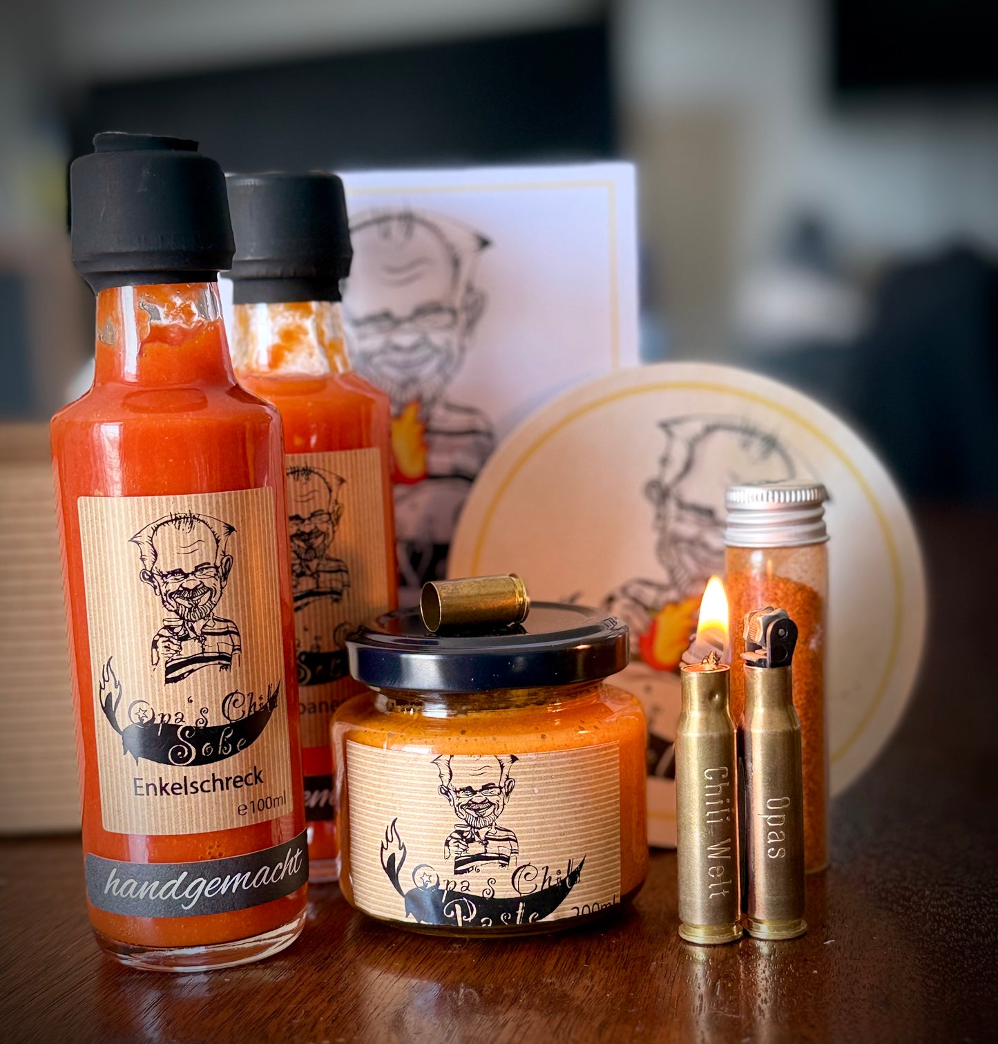 🔥 Opas Chili Set – Exklusiv & Limitiert! Mit handgraviertem Patronen-Feuerzeug🔥