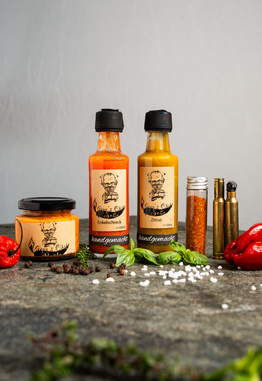 🔥 Opas Chili Set – Exklusiv & Limitiert! Mit handgraviertem Patronen-Feuerzeug🔥